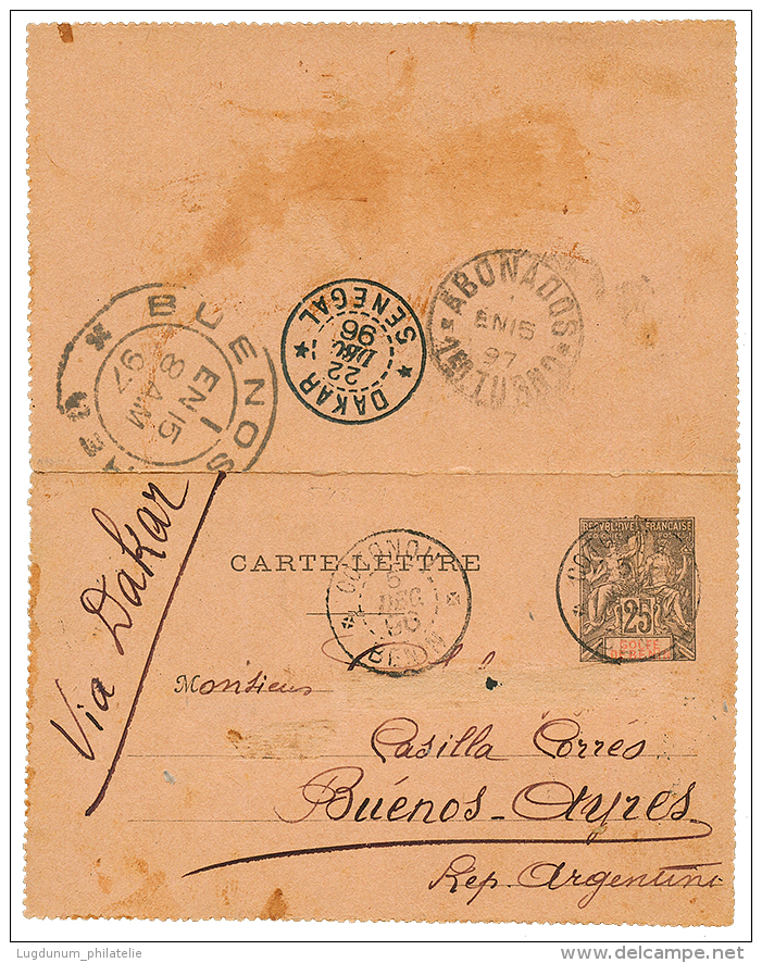 BENIN Pour L' ARGENTINE : 1896 Entier 25c(pd) Obl. COTONOU Via DAKAR SENEGAL Pour L'ARGENTINE. TB. - Covers & Documents