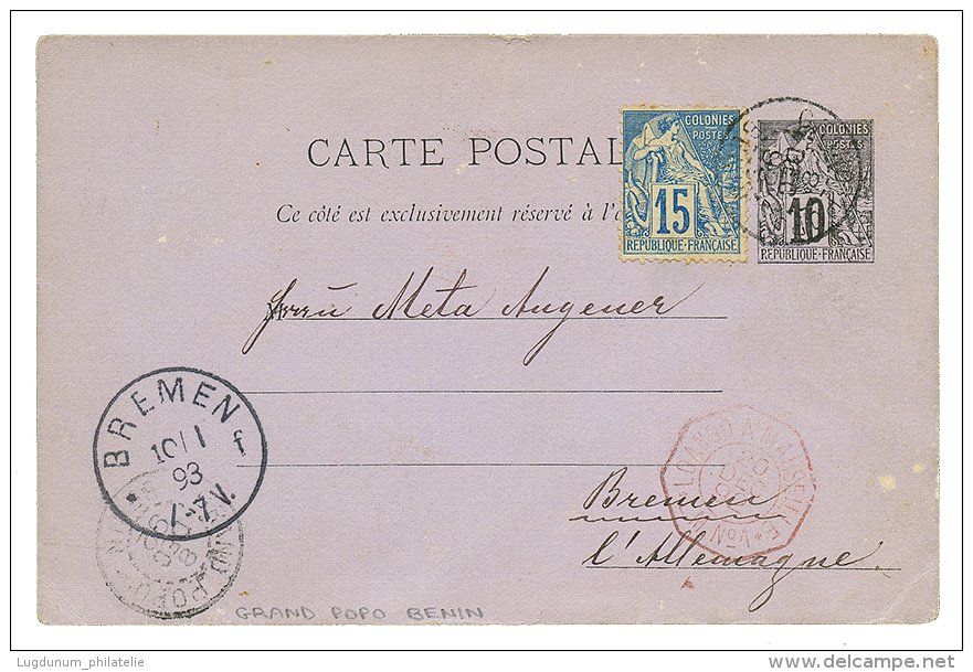 PRECURSEUR : 1892 CG Entier 10c + 15c Obl. GRAND-POPO BENIN Pour BREMEN. TB. - Covers & Documents