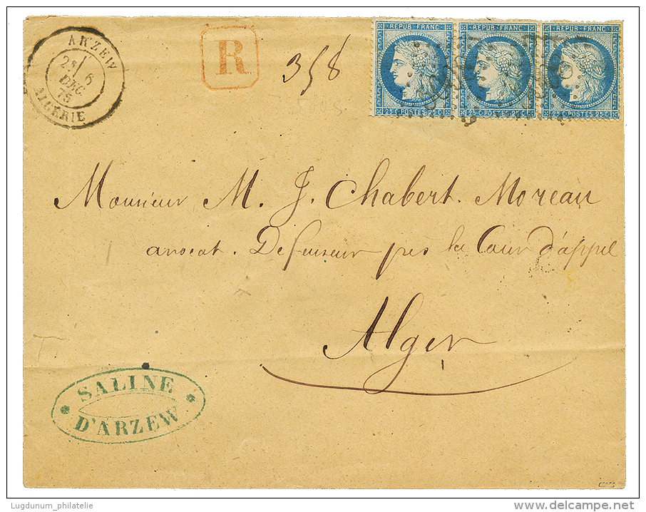 1875 25c(n°60) Bande De 3 Obl. GC 5008 + ARZEW ALGERIE Sur Env. RECOMMANDE Pour ALGER. Superbe. - Other & Unclassified