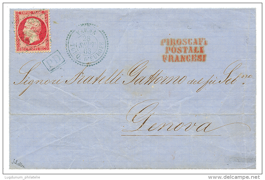 VARNA : 1863 80c(n°24) Pd Obl. GC 5103 (frappe Doublée) + Superbe Cachet VARNA TURQ. D'EUROPE Sur Lettre Pour - Andere & Zonder Classificatie