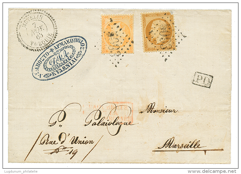 METELINE : 1863 10c(n°21) Def + 40c(n°23) Obl. GC 5093 + METELINE TURQUIE Sur Lettre Pour MARSEILLE. Bureau Rare - Autres & Non Classés