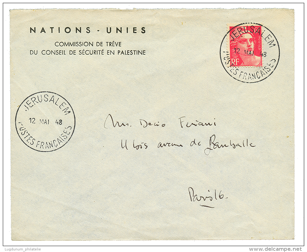 1948 FRANCE 6F GANDON Obl. JERUSALEM POSTES FRANCAISES Sur Env(NATIONS UNIS) Pour PARIS. TTB. - Andere & Zonder Classificatie