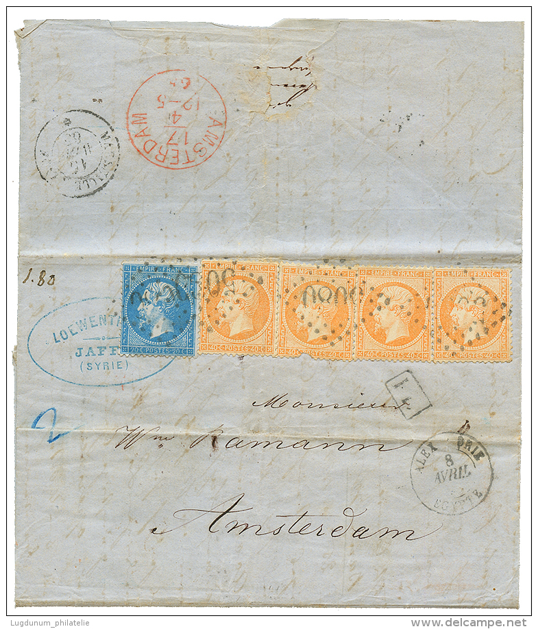 JAFFA Via ALEXANDRIE : 1865 20c + 40c(x4) Un Ex Pd Obl. GC 5080 + ALEXANDRIE EGYPTE Sur Lettre Avec Texte De JAFFA PALES - Autres & Non Classés