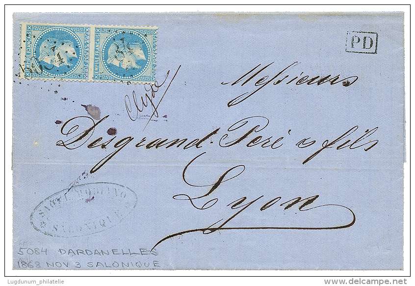 1868 20c(x2) Obl. GC 5084 + "CLYDE" Manuscrit Sur Lettre De SALONIQUE Pour LYON. TB. - Andere & Zonder Classificatie