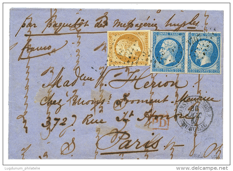 10c(n°13) + Paire 20c(n°14) Tous TB Margés Obl. PC 3707 + CONSTANTINOPLE Sur Lettre Pour PARIS. Rare Dans - Brieven En Documenten