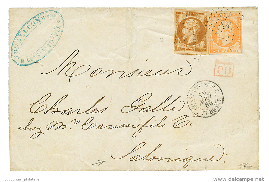 CONSTANTINOPLE Pour SALONIQUE : 1860 10c(n°13) + 40c(n°16) Obl. PC 3707 + CONSTANTINOPLE TURQUIE Sur Lettre Pour - Lettres & Documents