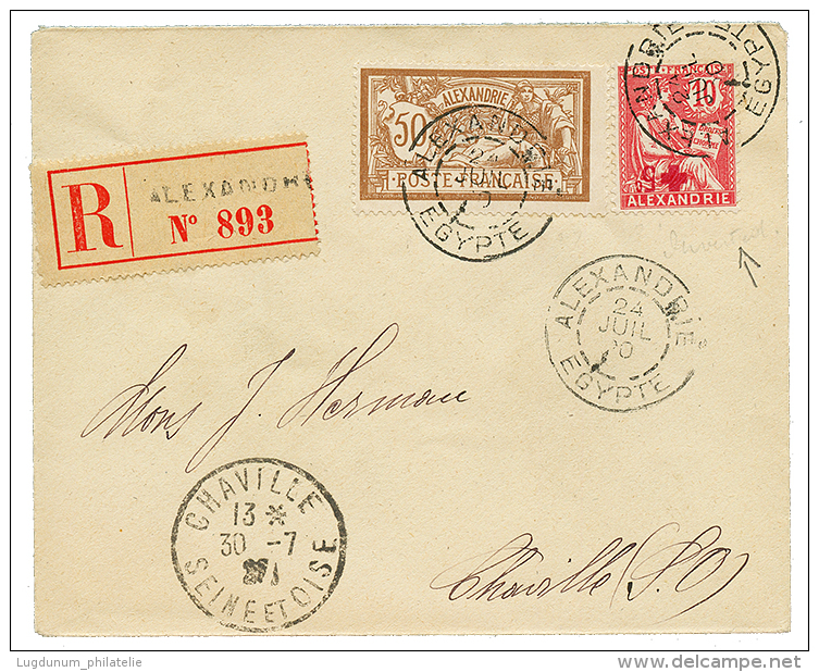 1920 50c MERSON + CROIX ROUGE 5c S/ 10c MOUCHON Variété SURCHARGE RENVERSEE Obl. ALEXANDRIE Sur Enveloppe - Storia Postale