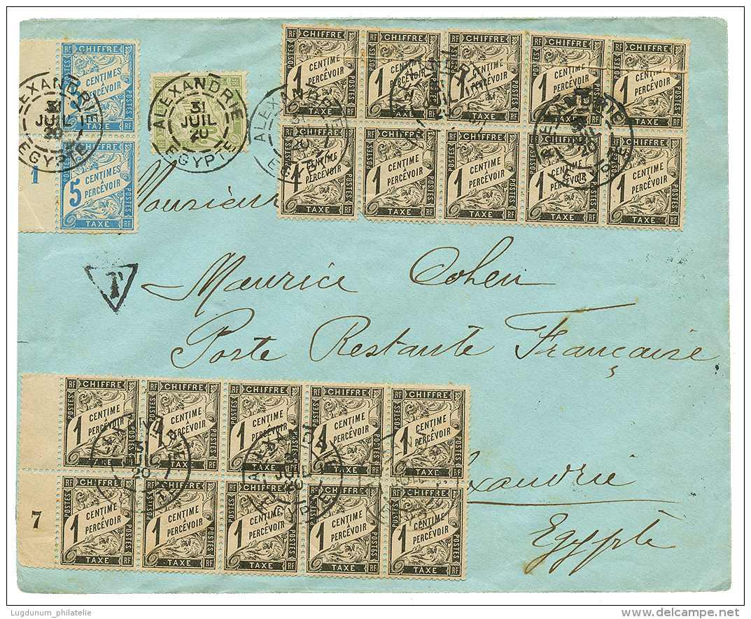1920 TAXE 1c Noir(x20) Pd+ 5c(x2)+ 20c Obl. ALEXANDRIE EGYPTE Sur Enveloppe Taxée. RARE. TTB. - Covers & Documents