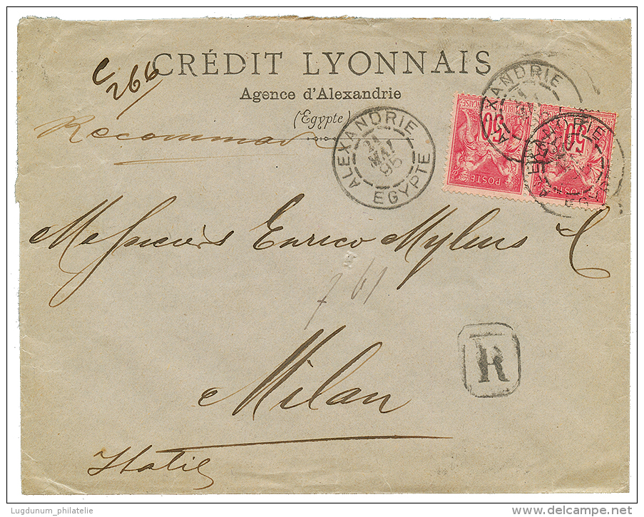 1895 Paire 50c SAGE Obl. ALEXANDRIE EGYPTE Sur Enveloppe RECOMMANDEE Pour L' ITALIE. Superbe. - Covers & Documents