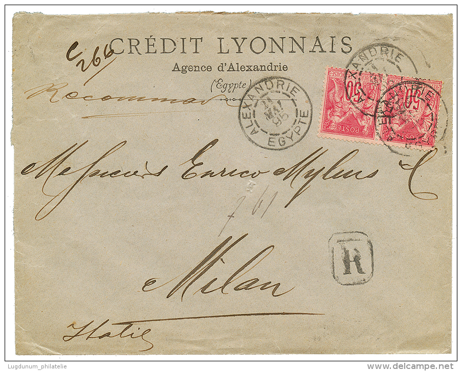 1895 Paire 50c SAGE Obl. ALEXANDRIE EGYPTE Sur Enveloppe RECOMMANDEE Pour L' ITALIE. Superbe. - Brieven En Documenten