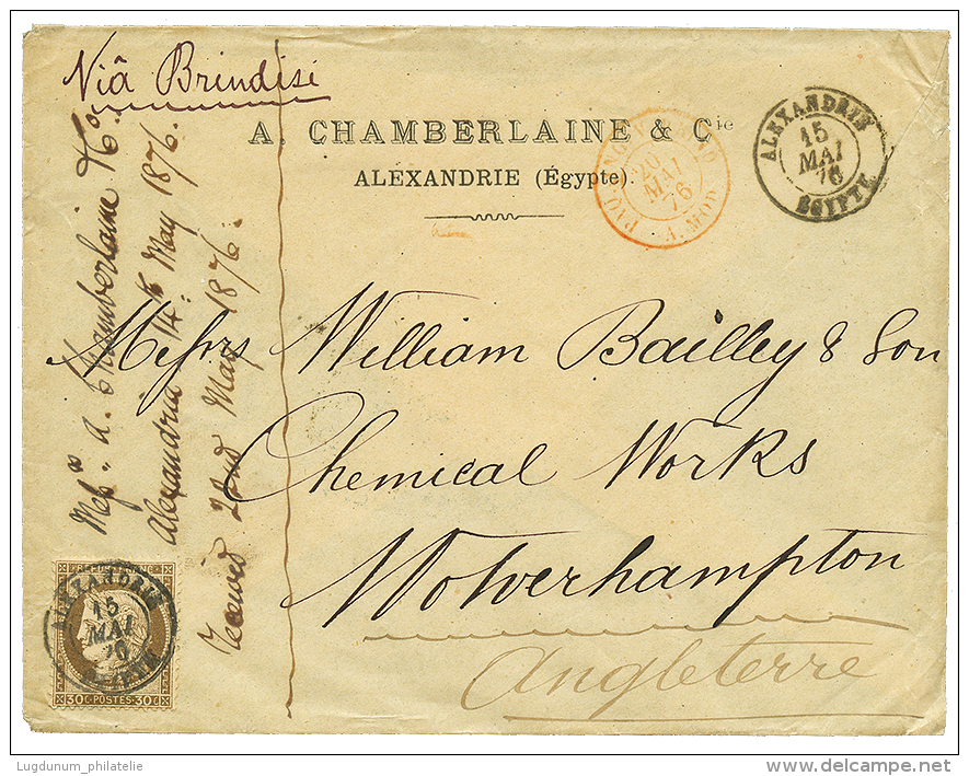 1876 30c CERES Obl. ALEXANDRIE EGYPTE (Trés Belle Oblitération Centrale) Sur Enveloppe VIA BRINDISI Pour L - Storia Postale