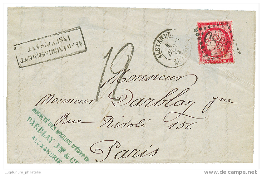 1873 80c CERES Obl. GC 5080 + Taxe 12 Tampon Sur Lettre(verso Incomplet) Pour PARIS. Verso, PARIS ETRANGER Bleu. RARE. T - Storia Postale