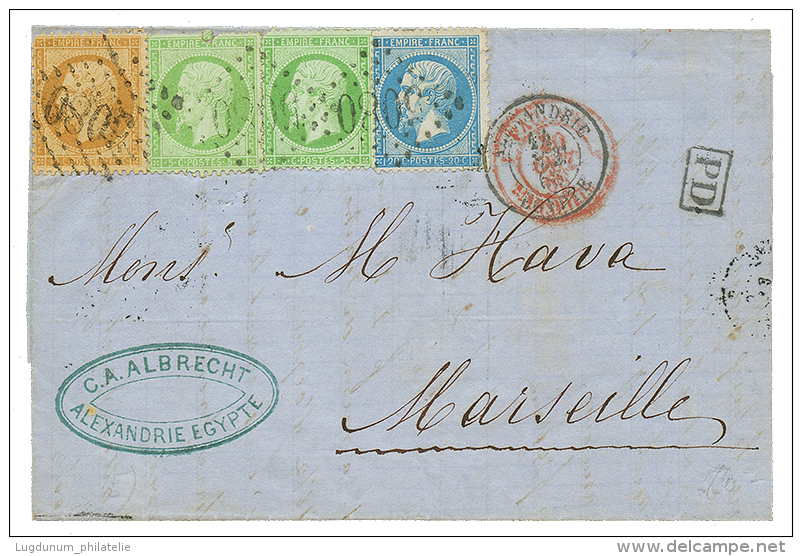 1866 5c(x2) Pd + 10c + 20c Obl. GC 5080 + ALEXANDRIE EGYPTE Sur Lettre Pour La FRANCE. Combinaison TRICOLORE Rare. TB. - Storia Postale