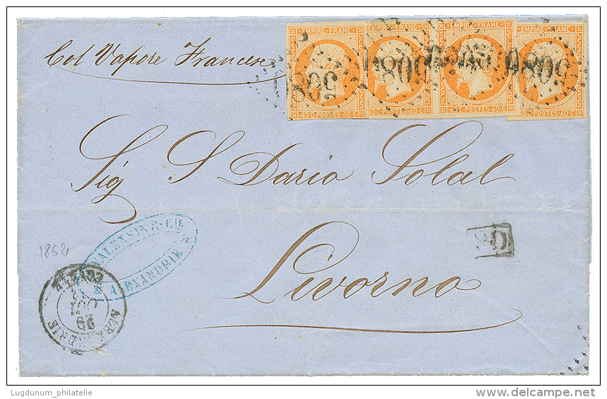 1862 40c(n°16)x4 Obl. GC 5080 + ALEXANDRIE EGYPTE Sur Lettre(double Port) Pour L' ITALIE. TTB. - Brieven En Documenten