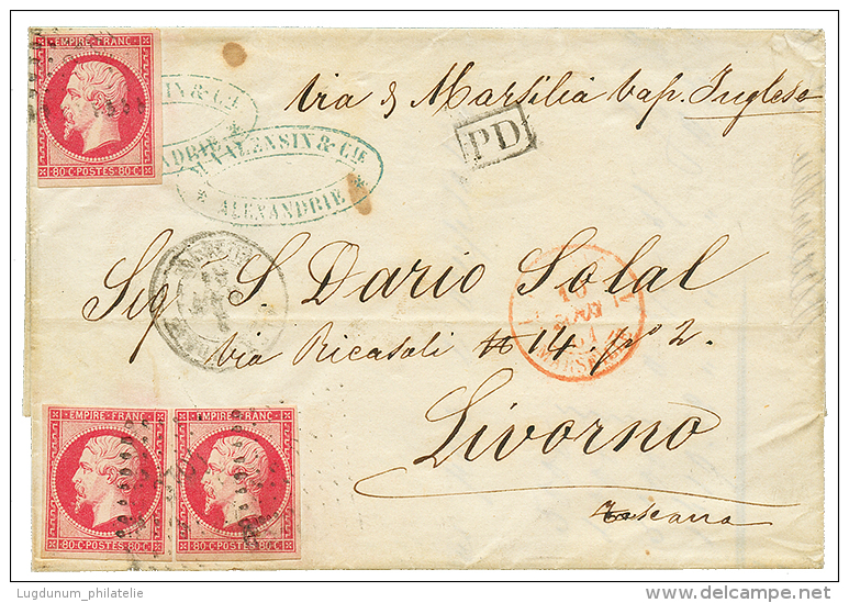 Affrt à 2F40 : 1861 80c(n°17)x3, Les 3 Timbres TB Margés Obl. PC 3704 Sur Lettre D' ALEXANDRIE Pour L' - Brieven En Documenten