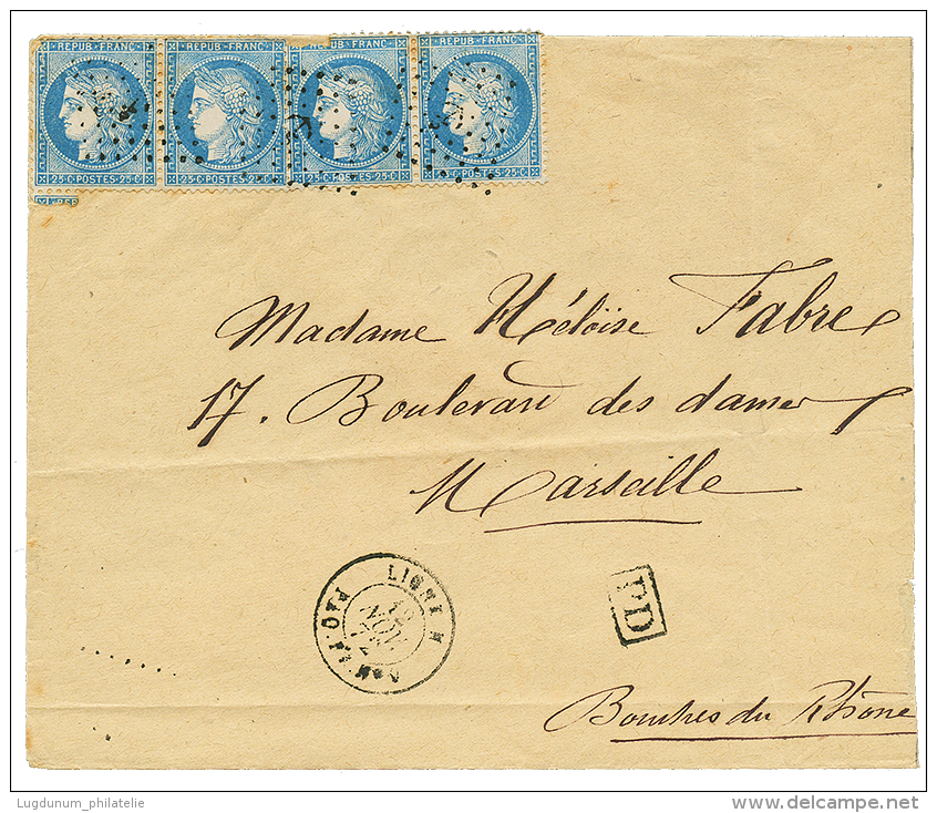 1872 25c(n°60)x4 Obl. ANCRE + LIGNE N PAQ FR N°9 (escale De SHANGHAI CHINE) Sur Enveloppe Pour La FRANCE. 2 Timb - Posta Marittima