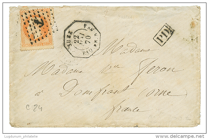 1870 40c(defectueux) Obl. ANCRE + SUEZ PAQ FR N°4 Sur Enveloppe Pour La FRANCE. TB. - Posta Marittima