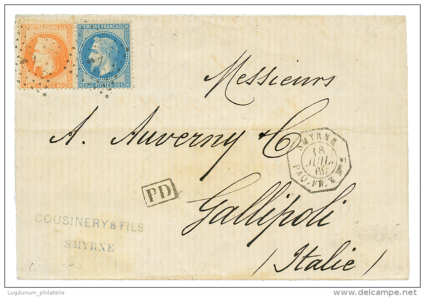 1869 20c(n°29)+ 40c(n°31) Obl. ANCRE + SMYRNE PAQ FR X N°2 Sur Lettre Pour GALLIPOLI. RARE. TB. - Posta Marittima