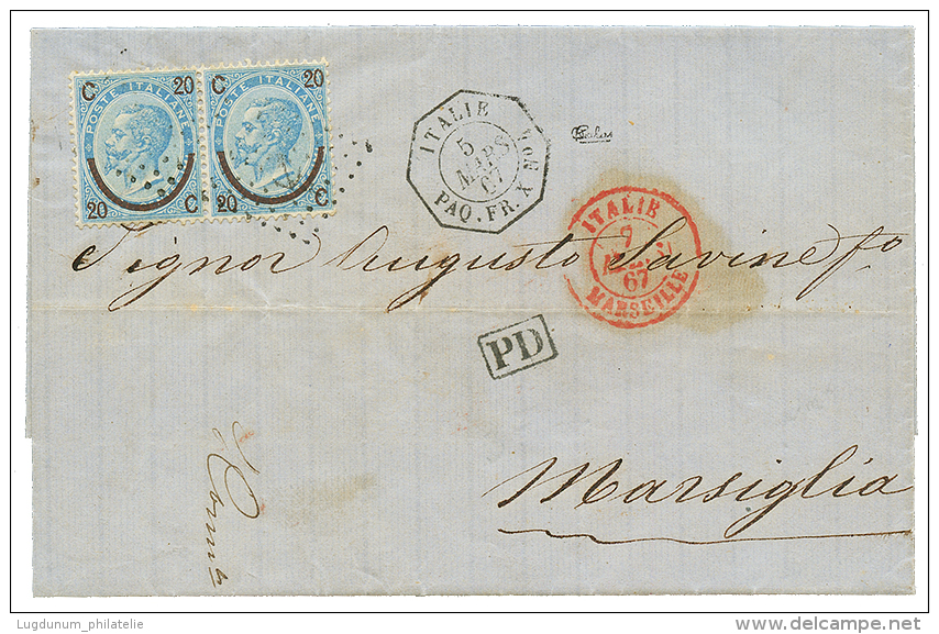 1867 ITALIE 20c(x2) Obl. ANCRE + ITALIE PAQ FR X N°4 Sur Lettre Avec Texte De PALERME(SICILE) Pour MARSEILLE. Sign&e - Posta Marittima