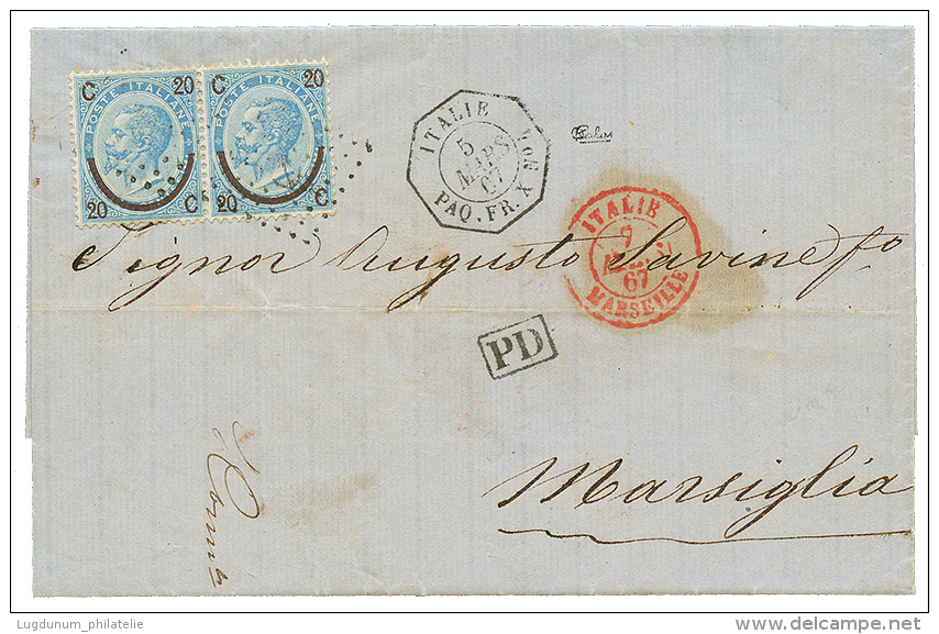 1867 ITALIE 20c(x2) Obl. ANCRE + ITALIE PAQ FR X N°4 Sur Lettre Avec Texte De PALERME(SICILE) Pour MARSEILLE. Sign&e - Maritieme Post