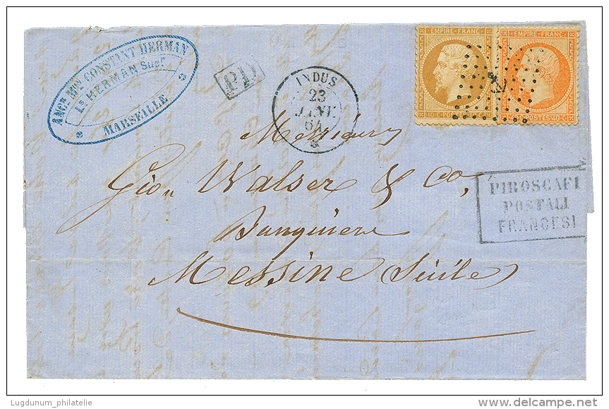 1864 10c + 40c Obl. Ancre + Paquebot INDUS 23 Janv 64 Sur Lettre Pour MESSINE(SICILE). Superbe. - Maritieme Post