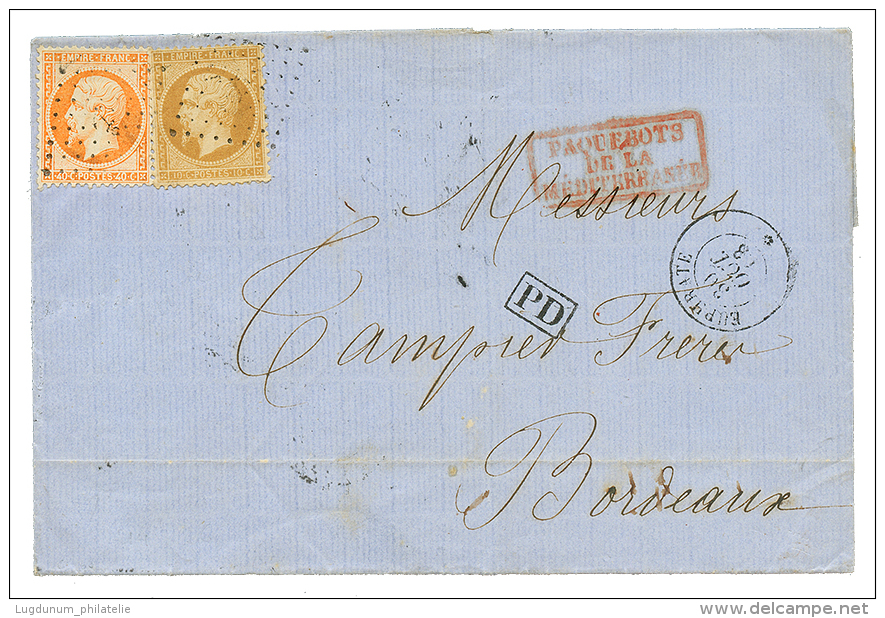 1863 10c + 40c Obl. ANCRE + Paquebot EUPHRATE 30 Oct 63 , De CONSTANTINOPLE Pour La FRANCE. TB. - Posta Marittima