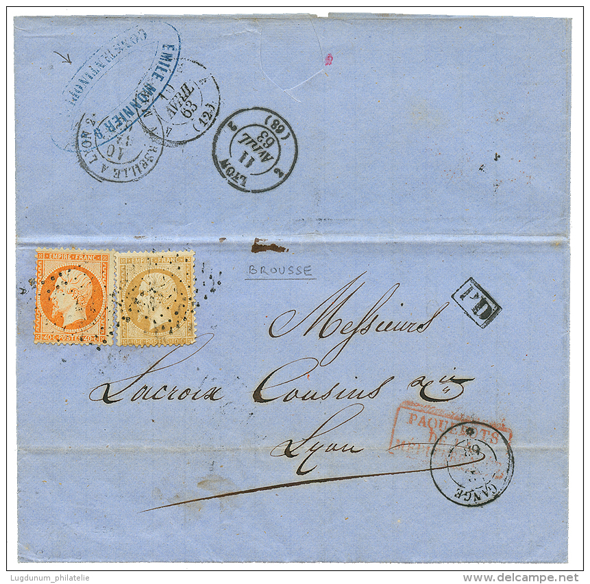 1863 10c+ 40c Obl. ANCRE + GANGE Sur Lettre Avec Texte De BROUSSE Pour LYON. Verso, Cachet D' Achemineur EMILE MONNIER/C - Maritime Post