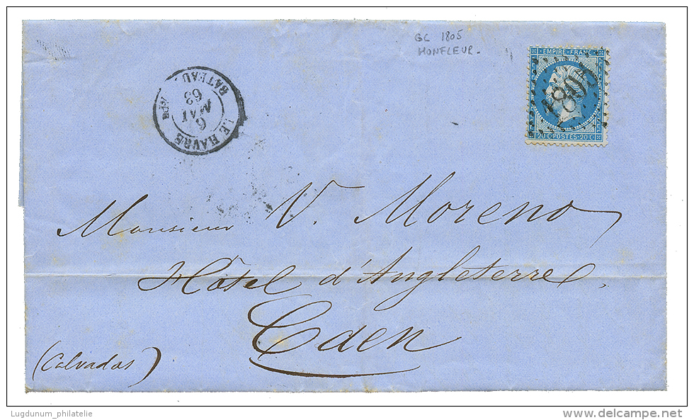 1863 20c(n°22) Obl. GC 1805 (HONFLEUR) + LE HAVRE BATEAU A VAPr Sur Lettre Du HAVRE Pour CAEN. TB. - Maritime Post