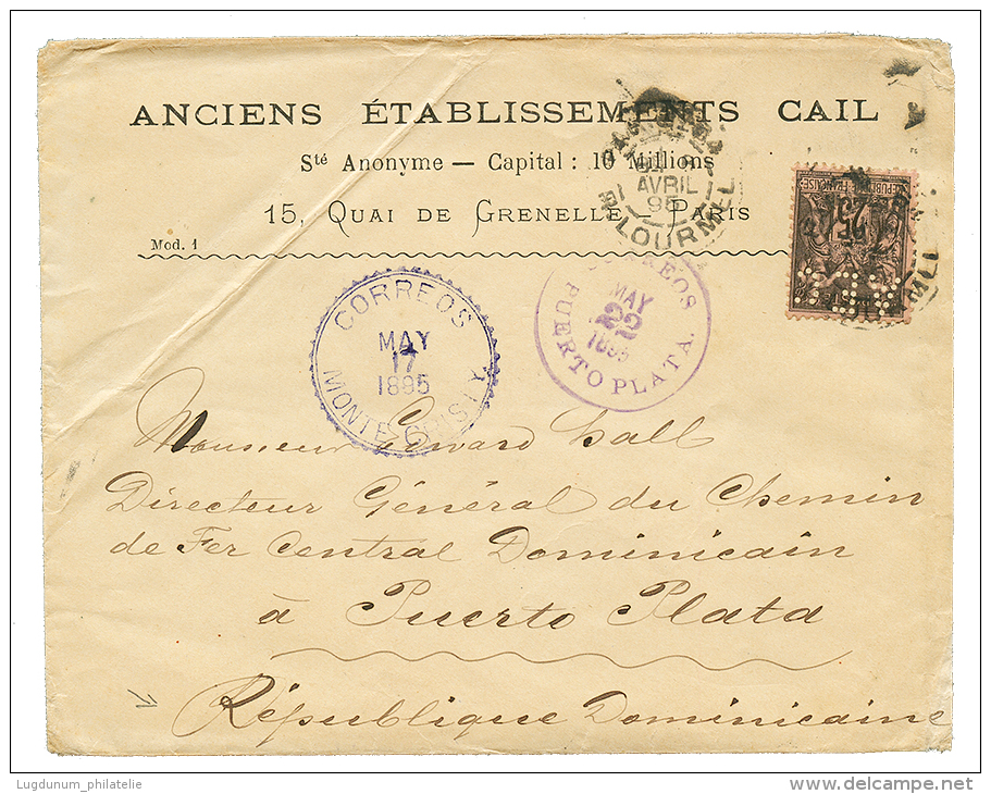 Destination REPUBLIQUE DOMINICAINE : 1895 25c SAGE Perforé "AEC" Obl. PARIS Sur Enveloppe Pour PUERTO-PLATA, REPU - 1877-1920: Semi-moderne Periode