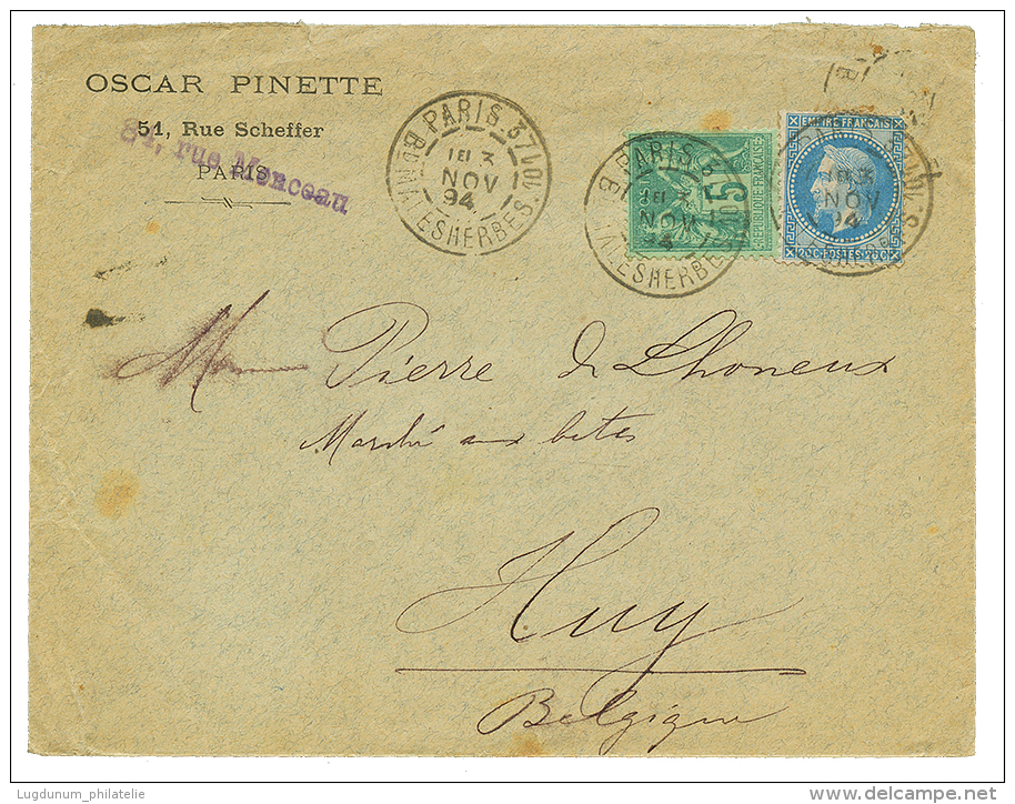 1894 5c SAGE + 20c EMPIRE Lauré(n°29) Obl. PARIS Sur Enveloppe Pour La BELGIQUE. TB. - 1877-1920: Semi-moderne Periode