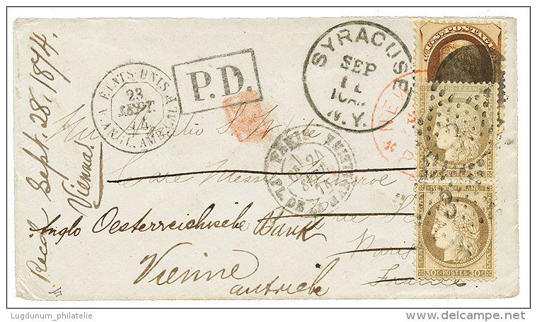 1874 USA 10c Obl. SYRACUSE Sur Enveloppe Pour PARIS Réexpédiée Avec Paire Du 30c CERES Pour VIENNE - 1871-1875 Cérès