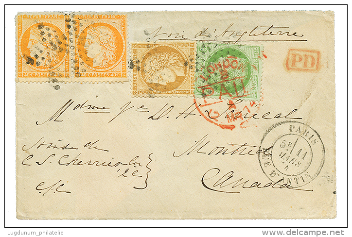 1874 CERES 5c + 15c + Paire 40c SIEGE(n°38) Sur Enveloppe De PARIS Pour MONTREAL(CANADA). TTB. - 1871-1875 Cérès