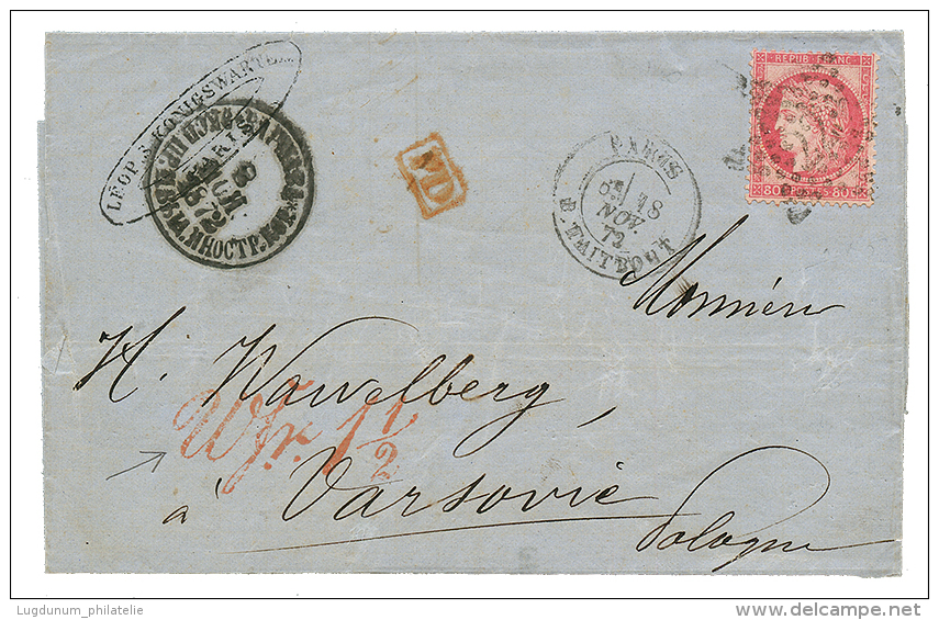 1872 80c CERES Sur Lettre De PARIS Pour VARSOVIE POLOGNE. Recto, Cachet Taxe Rare "WFR. 1/2" En Rouge. Arrivée Au - 1871-1875 Cérès