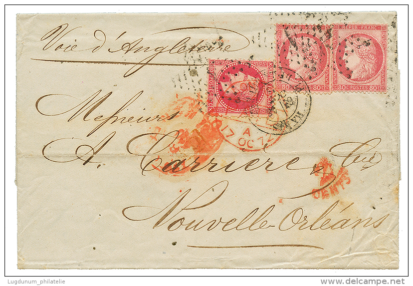 1872 80c EMPIRE(n°32) + 80c CERES(n°57)x2 Sur Lettre De PARIS Pour La NLLE ORLEANS(USA). TB. - 1871-1875 Cérès