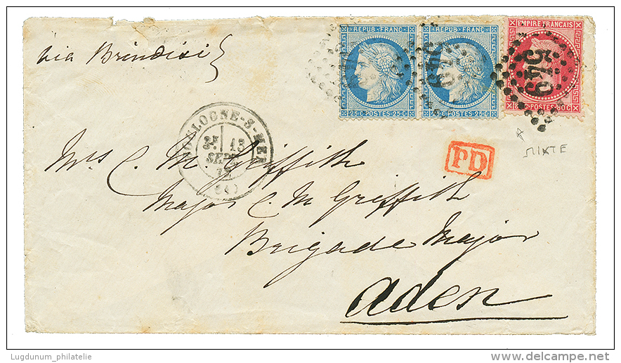 1872 80c EMPIRE(n°32) + Paire 25c CERES(n°60) Sur Env. De BOULOGNE SUR MER Pour ADEN(YEMEN). TB. - 1871-1875 Ceres