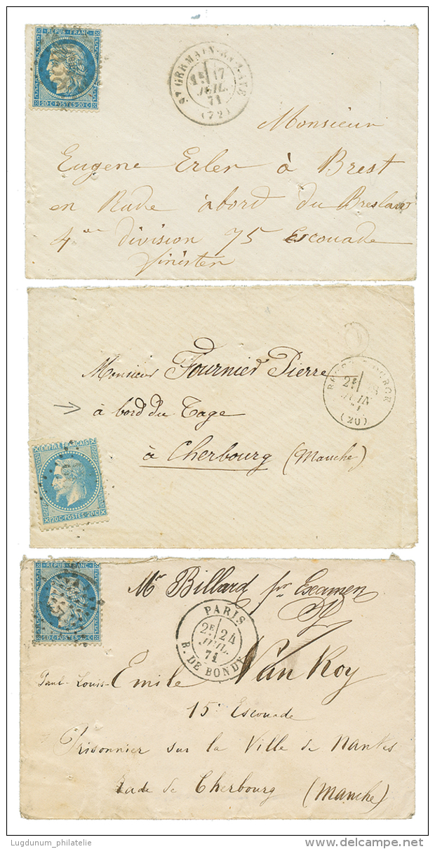 PRISONNIER De La COMMUNE Internés Sur Les PONTONS : 1871 Lot 3 Enveloppes Affr. à 20c Adressées &ag - Oorlog 1870