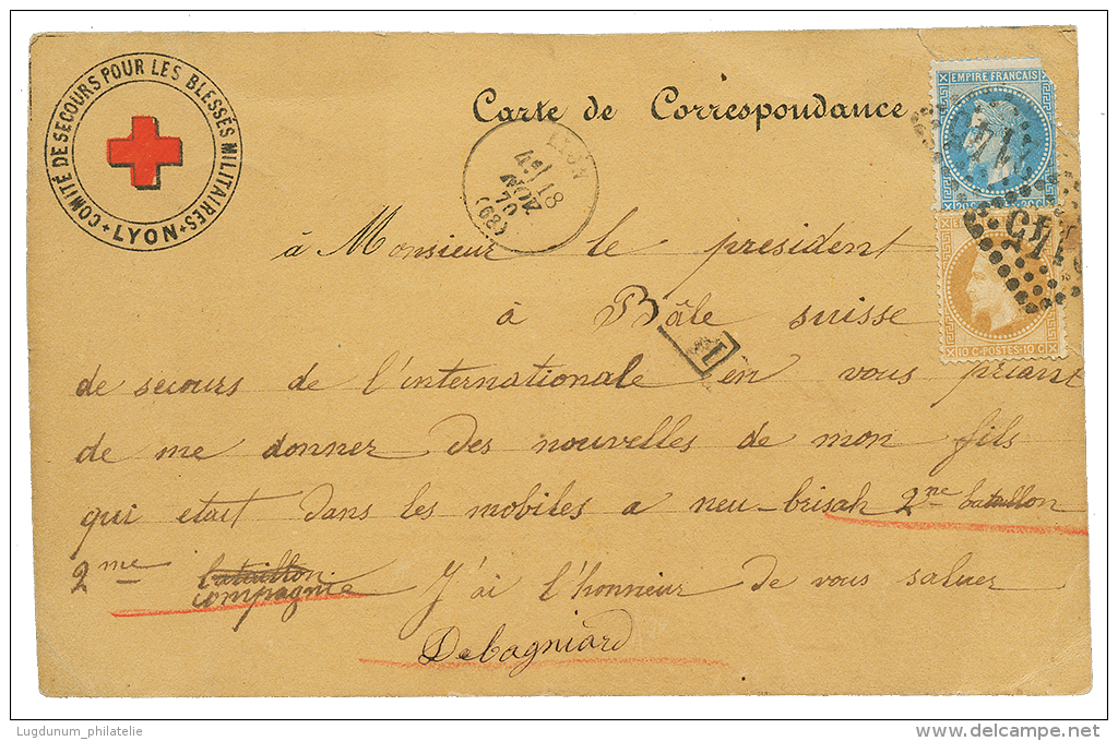 CROIX ROUGE : 1870 10c+ 20c(pd) Obl. GC 2145 + T.16 LYON Sur CARTE CROIX-ROUGE Du COMITE DE SECOURS POUR LES BLESSES MIL - Oorlog 1870