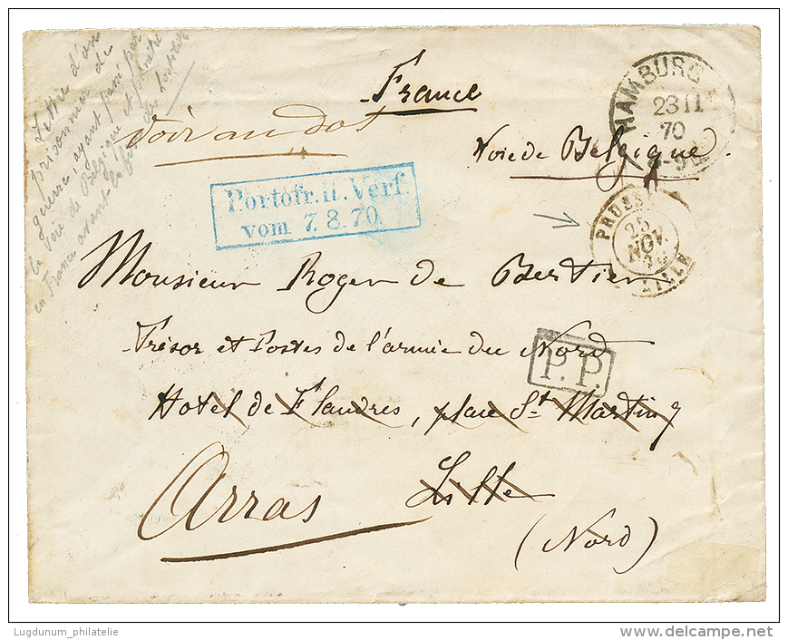 VOIE DE BELGIQUE : 1870 Enveloppe D'un Prisonnier Français à HAMBURG Pour La FRANCE. Recto, HAMBURG + PRUS - Guerre De 1870