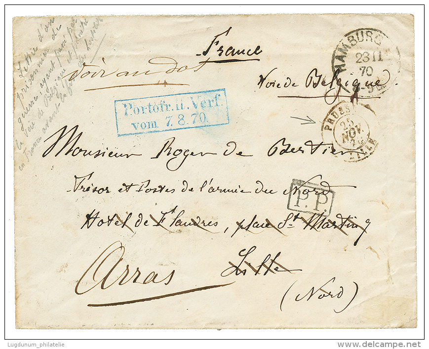 VOIE DE BELGIQUE : 1870 Enveloppe D'un Prisonnier Français à HAMBURG Pour La FRANCE. Recto, HAMBURG + PRUS - Oorlog 1870