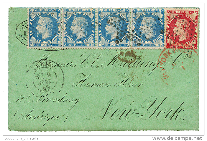 1869 20c(n°29) Bande De 4 + 80c(n°32) Sur Enveloppe De PARIS Pour NEW-YORK. Superbe. - 1863-1870 Napoleon III Gelauwerd