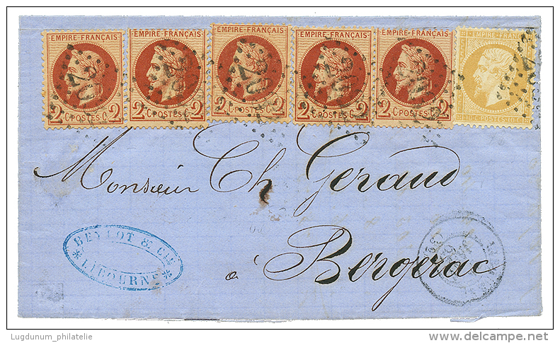 1865 2c(x5) + 10c(n°21) Obl. GC 2032 Sur Lettre De LIBOURNE Pour BERGERAC. TB. - 1863-1870 Napoleon III Gelauwerd