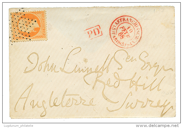 1868 40c(n°23) Obl. Etoile + Cachet Rouge AFFRANCHISSEMENTS (5) PARIS Sur Env. Pour L'ANGLETERRE. RARE. Superbe. - 1863-1870 Napoleon III Gelauwerd