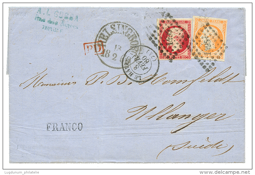 1860 40c(n°16) + 80c(n°17) TB Margés Sur Lettre Du HAVRE Pour ULLANGER SUEDE. TTB. - 1853-1860 Napoleon III