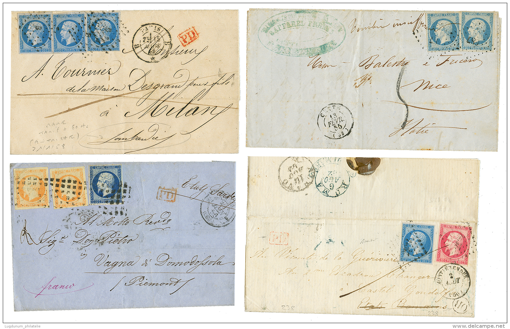 1855/58 Lot 4 Lettres Pour L'ITALIE Avec TB Combinaisons. TB. - 1853-1860 Napoleon III