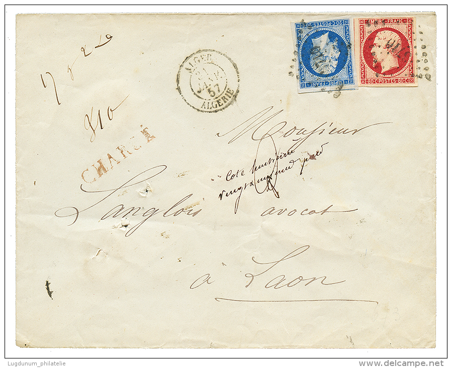 1857 20c(n°14) + 80c(n°17) Obl. PC 3710 Sur Env. CHARGEE D' ALGER Pour LAON. TB. - 1853-1860 Napoleon III