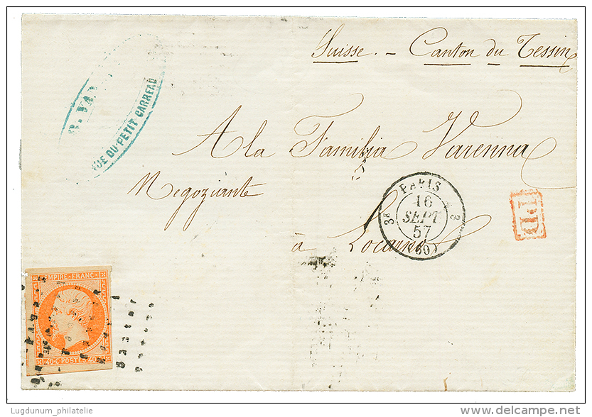 1857 40c(n°16) Obl. ROULEAU De GROS POINT Sur Lettre De PARIS Pour LOCARNO (TESSIN SUISSE). TTB. - 1853-1860 Napoleon III