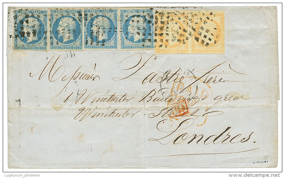 1855 20c(n°14)x3 + 40c(n°16)x2 Obl. GROS POINTS Sur Lettre De PARIS Pour L'ANGLETERRE. TB. - 1853-1860 Napoleon III