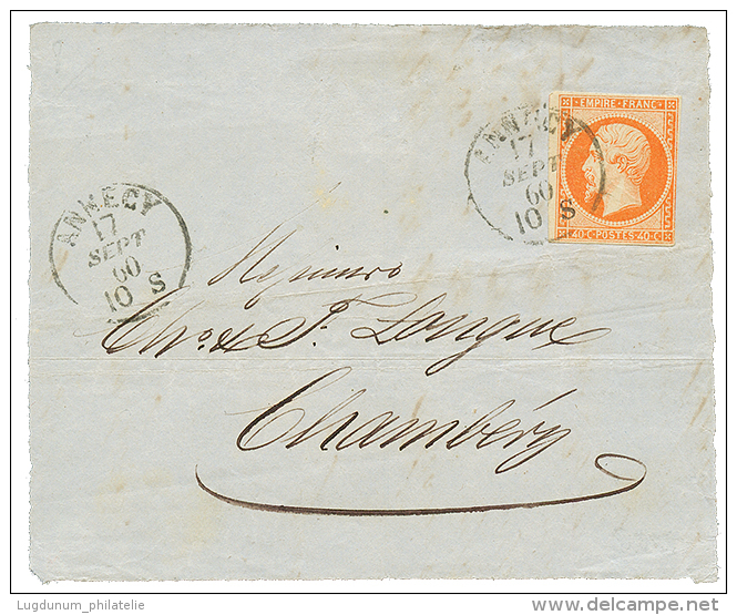 1860 40c(n°16) Obl. Cachet Sarde ANNECY 17 Sept 60 Sur DEVANT De Lettre Pour CHAMBERY. Date Trés Tardive. RAR - 1853-1860 Napoleon III