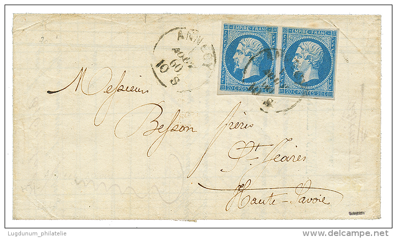 SAVOIE : 1860 Superbe Paire 20c(n°14) Obl. Cachet Sarde ANNECY Sur Lettre En Double Port Pour ST JEOIRES. RARE Et Su - 1853-1860 Napoleon III