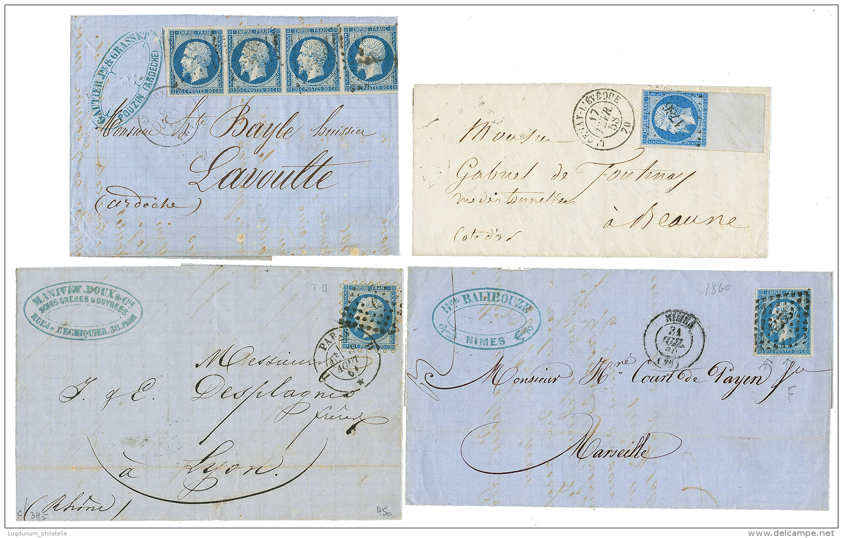 Lot 4 Lettres Avec 20c(n°14) : Bande De 4, Picage SUSSE, Variété POSTF, Bord De Feuille. TTB. - 1853-1860 Napoleon III